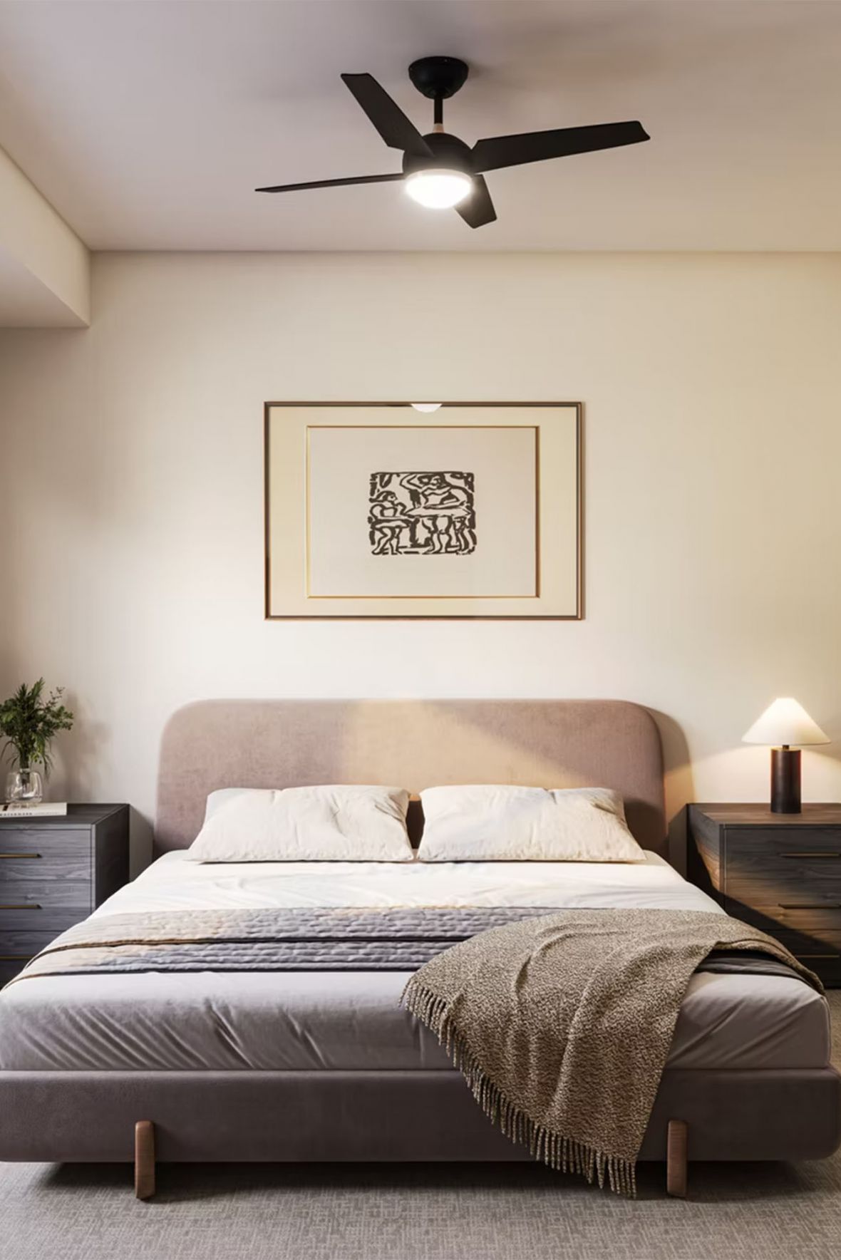 Modern bedroom with a large bed, nightstands, a ceiling fan, and an open closet to the right at Bennett Apartments.